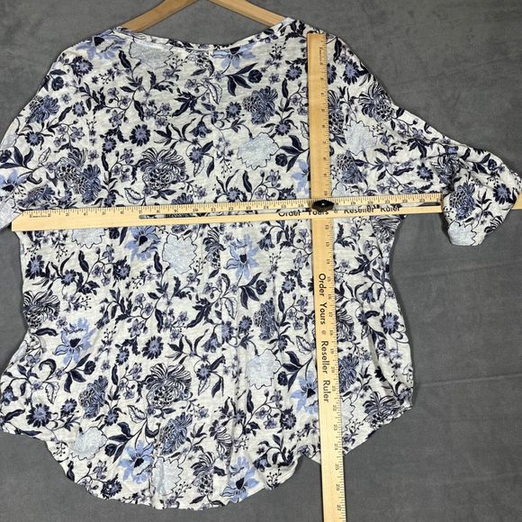 Rachel Zoe Womens Top Plus Size 2X Blue White Floral Linen 3/4 Sleeve Scoop Neck - Picture 6 of 8